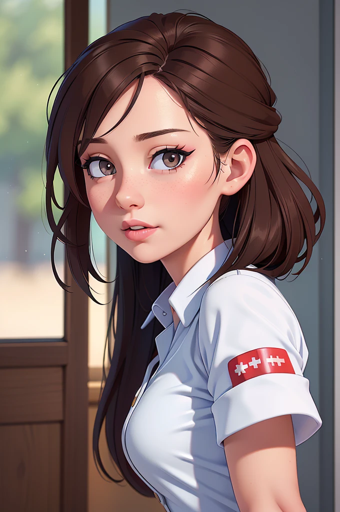 phothorealistic image of (a woman:1.1) A girl in a nurse uniform (from behind) (Best Quality,4k,8k,high resolution,Masterpiece:1.2), (realist,photorealist,photo-realist:1.37), ultra detailed, (professional:1.1) que incluande (a beautiful face) with (Extremely detailed eyes) and (beautiful detailed lips). the girl is seen (From a third person perspective:1.1), focusing on the (nurse&#39;s ass) in a (sexand:0.9) form. The nurse wears a (sexual white uniform) with a (stethoscope) around your neck. The scene is (brightly lit) with (soft natural lighting) highlighting the girl and the nurse. The work of art must have a (realist) standle and vibrant colors to create a (natural) Atmosphere.