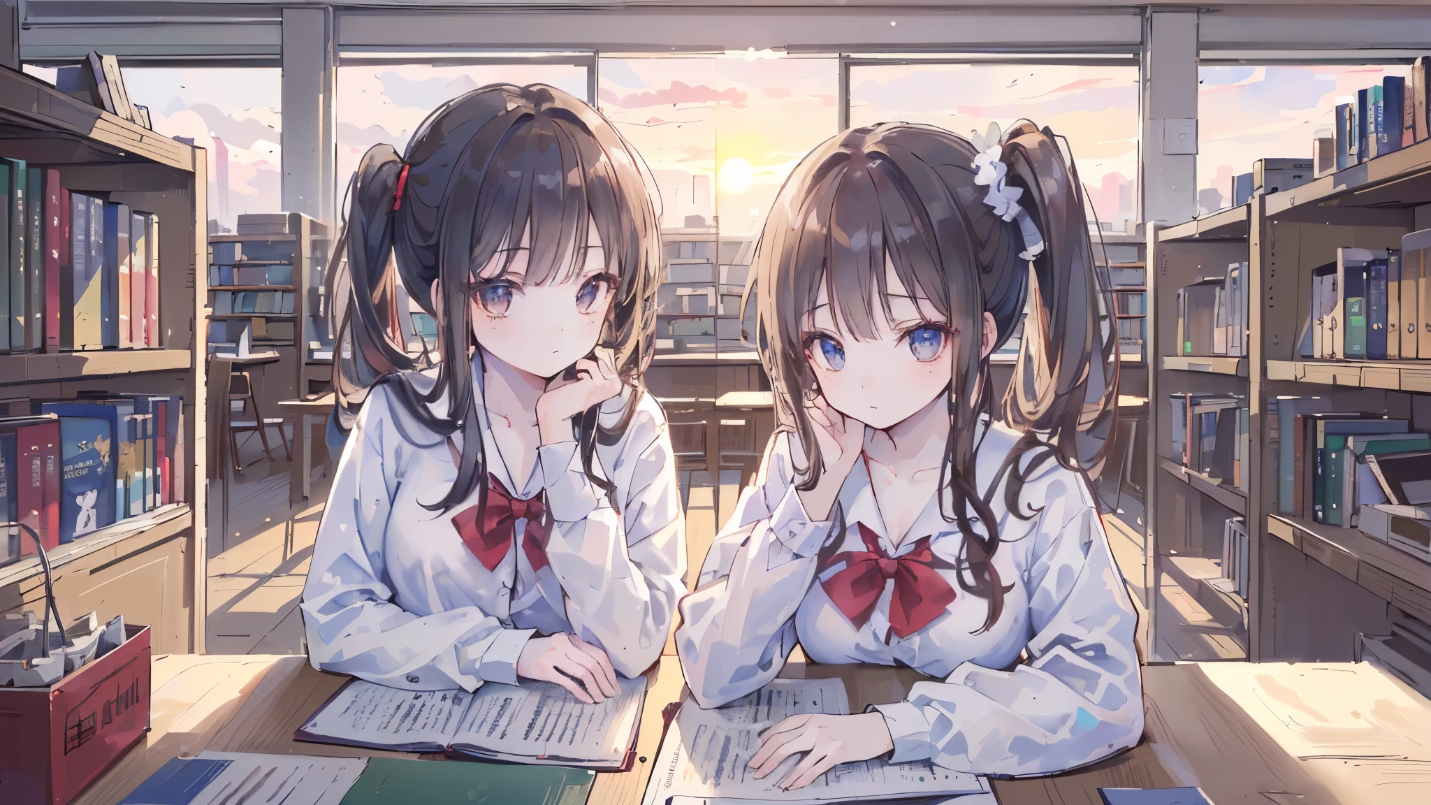 (((Highest quality, 8K, masterpiece: 1.3)), Sharp focus, Slim abdomen,  (White shirt), ((Side Ponytail)), Highly detailed face and skin texture, Fine grain, double eyelid, Japanese schoolgirl, Brown Hair, Sleepy face, (While studying in the library), (High School Uniform), sunset, Cowboy Shot