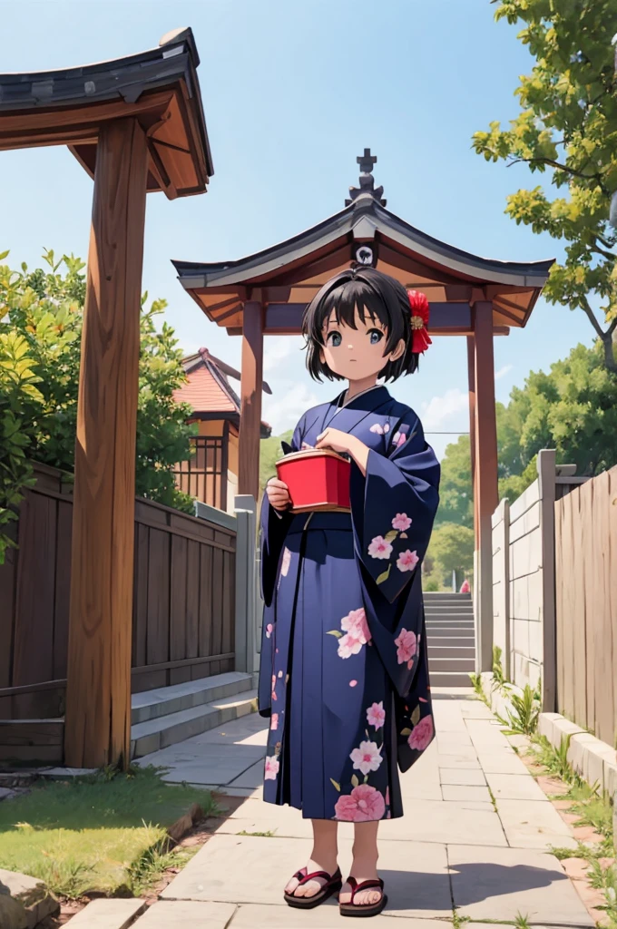 Girls under 8 years old, Height under 100, kimono, Small breasts, Patterned cotton panties, Fabric Real, Black Hair, kimono, Old shrine