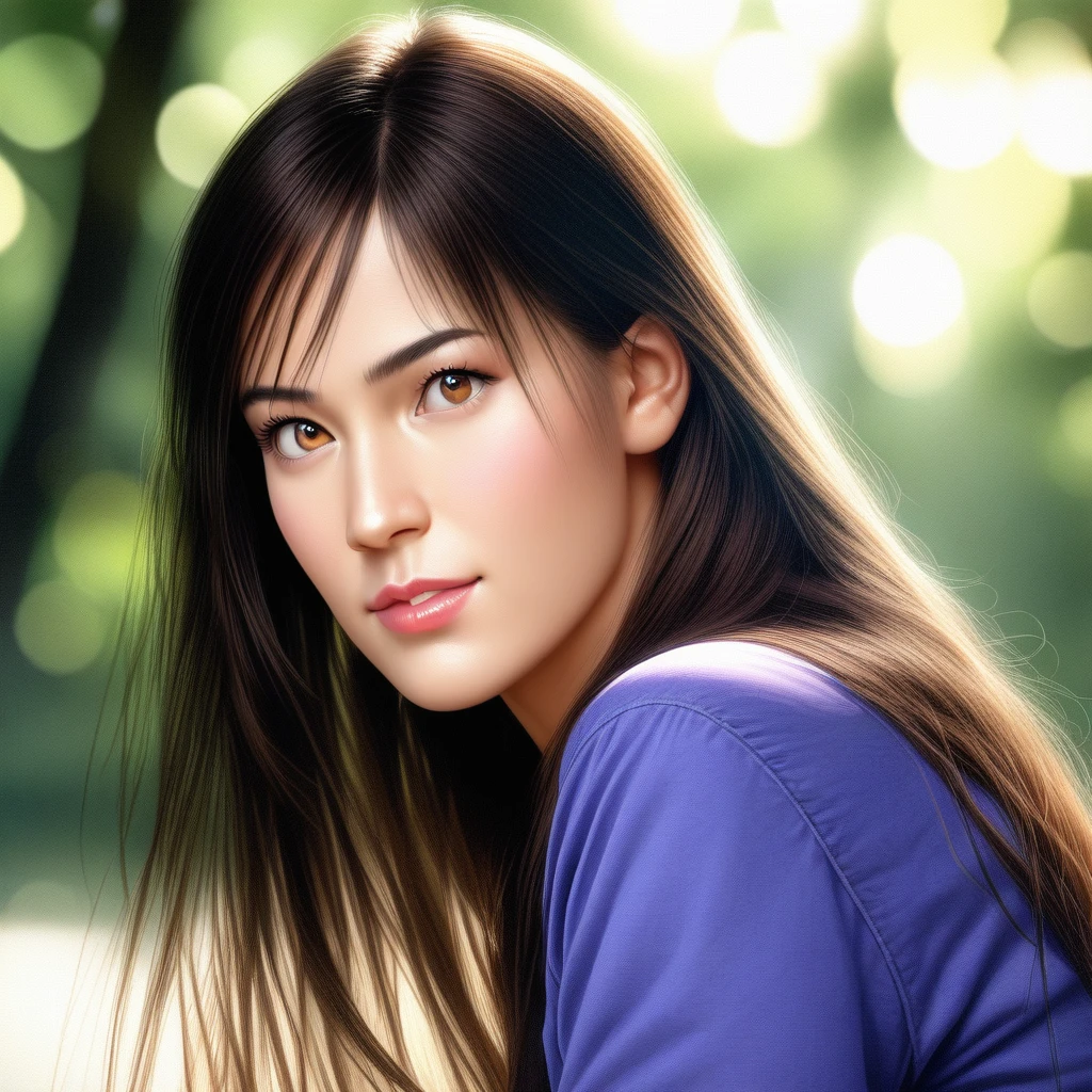 (best quality,4k,8k,highres,masterpiece:1.2),ultra-detailed,(realistic,photorealistic,photo-realistic:1.37),1girl,young woman,beautiful detailed eyes,beautiful detailed lips,extremely detailed eyes and face,long eyelashes,smooth skin,soft smile,long flowing hair,casual outfit,standing pose,natural lighting,outdoor scene,park background,lush greenery,sunlight filtering through leaves,bokeh effect,vivid colors,sharp focus,portrait shot,golden hour,serene atmosphere