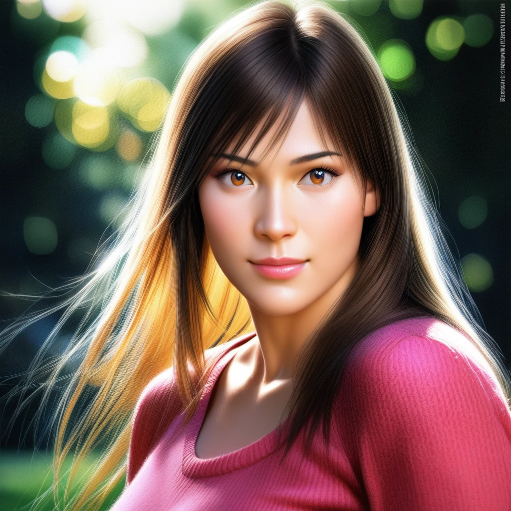 (best quality,4k,8k,highres,masterpiece:1.2),ultra-detailed,(realistic,photorealistic,photo-realistic:1.37),1girl,young woman,beautiful detailed eyes,beautiful detailed lips,extremely detailed eyes and face,long eyelashes,smooth skin,soft smile,long flowing hair,casual outfit,standing pose,natural lighting,outdoor scene,park background,lush greenery,sunlight filtering through leaves,bokeh effect,vivid colors,sharp focus,portrait shot,golden hour,serene atmosphere