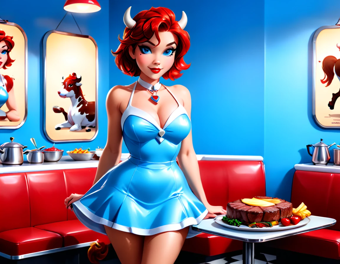 a 3D digital painting picture of extremely beautiful  (anthropomorphic cow:1.3) serving a big juicy steak on a tray in American diner, an exquisite beautiful female (cow anthropomorphic:1.3), full body, ultra feminine ultra detailed face, red hair, short hair, little fury, red lips, blue eyes, wearing sexy white seductive latex dress, looking at a American  kitchen background,  dynamic angle, , award winning, best quality, high quality, high details, highres, vibrant, Ultra-high resolution, High Contrast, (masterpiece:1.5), highest quality, Best aesthetics, best details, best quality, highres, ultra wide angle, 16k, [ultra detailed], masterpiece, best quality,  photorealistic, 3D rendering, TomFischbeck