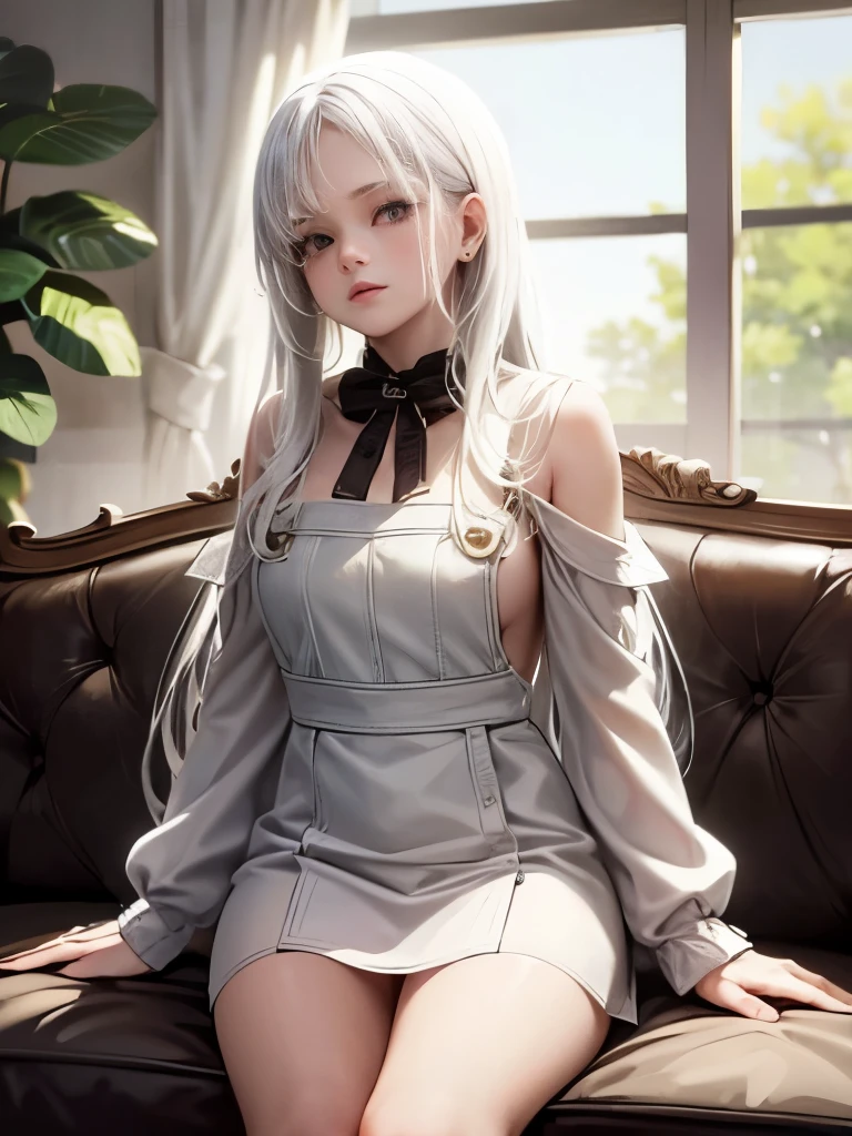 +masterpiece, Highest quality, Very detailed, Female student, Beautiful Face, Rich details, (Long white hair), Perfect Face, Overalls, Sitting, close, Shabby sofa