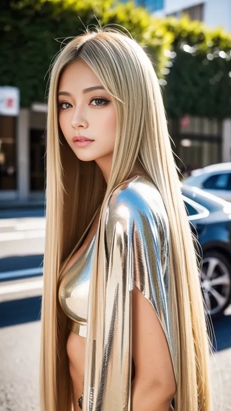 sexy、20歳beautiful, beautiful 、length, metallic blonde straight hair、beautiful, long hair、sexyな目、camisole