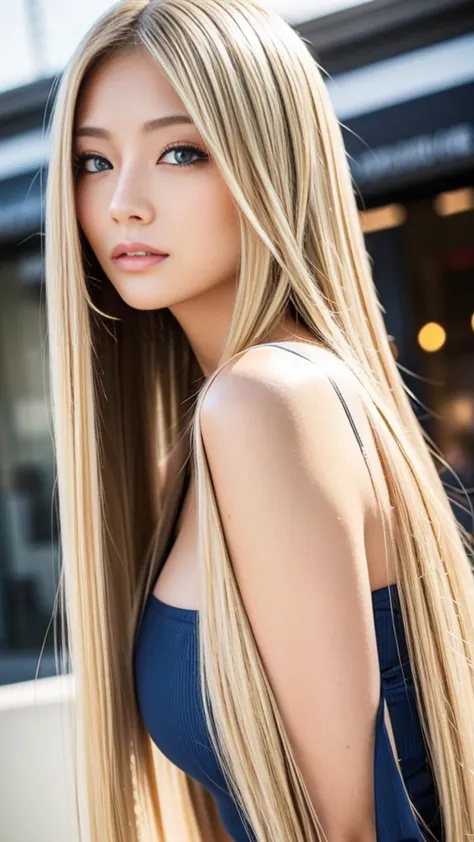 sexy、20歳beautiful, beautiful 、length, metallic blonde straight hair、beautiful, long hair、sexyな目、camisole