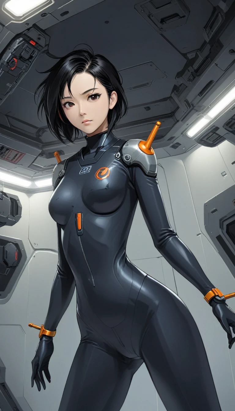 1 Girl、Medium Bust、solo、Black Hair、Braid、Mobile Race Suit、Shoulder Armor、ceiling、Wide Shot、Looking Ahead、Arms crossed、Closed Mouth、Highest quality、medium quality、22 years old、Mobile Trace System、cockpit、Asian、