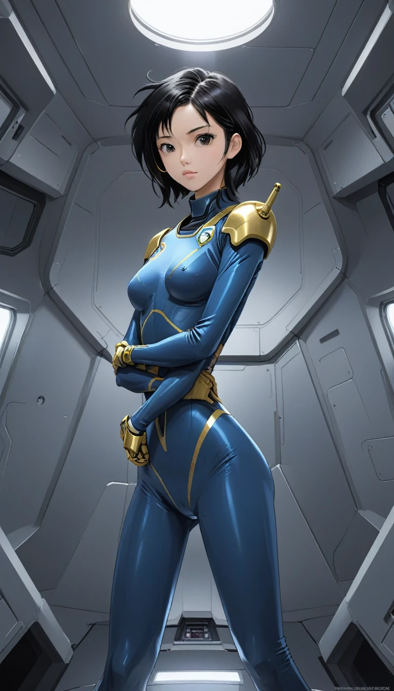 1 Girl、Medium Bust、solo、Black Hair、Braid、Mobile Race Suit、Shoulder Armor、ceiling、Wide Shot、Looking Ahead、Arms crossed、Closed Mouth、Highest quality、medium quality、22 years old、Mobile Trace System、cockpit、Asian、