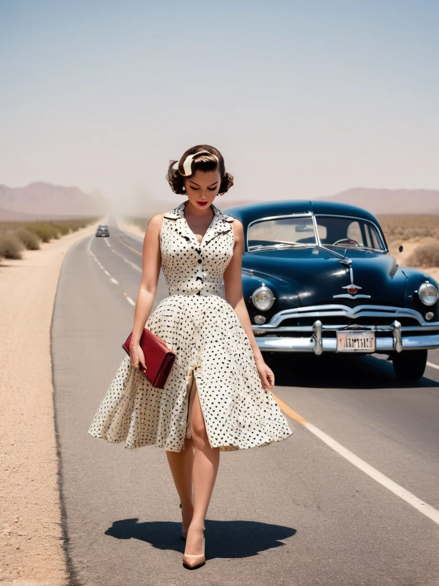 Estilo dos anos 1950, Mulher vestindo um vestido de bolinhas, Carro clássico Steam Hudson Hornet saindo de sua quebra, caminhando em direção à câmera, estrada vazia no deserto, Banda desenhada,Banda desenhada