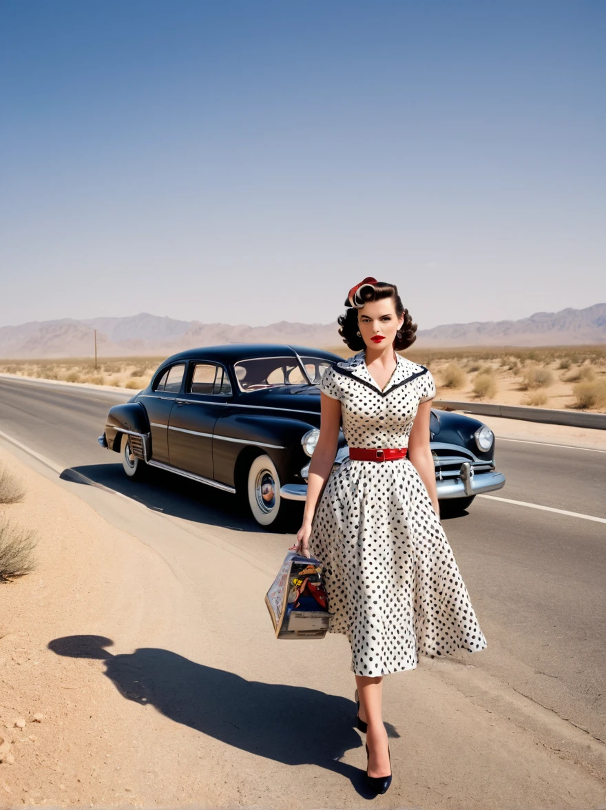 Estilo dos anos 1950, Mulher vestindo um vestido de bolinhas, Carro clássico Steam Hudson Hornet saindo de sua quebra, caminhando em direção à câmera, estrada vazia no deserto, Banda desenhada,Banda desenhada