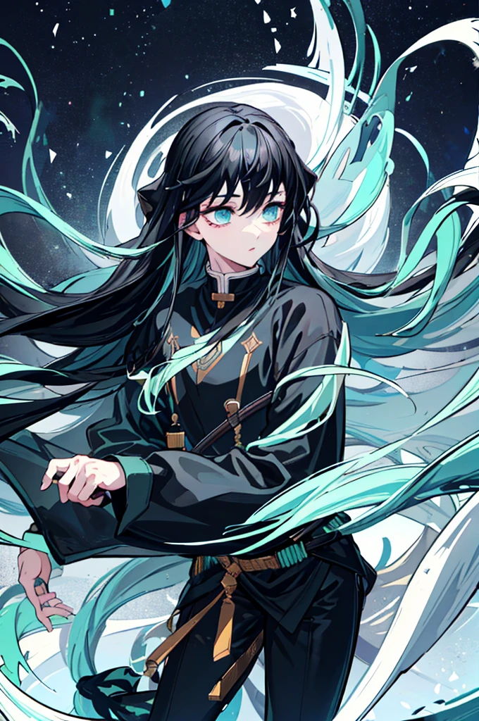 highest quality、highest quality、Super detailed、perfect face、very detailed、perfect human body、very delicate and detailed、1 boy、long black hair、hair is down to the waist、The ends of the hair are mint green、light blue eyes、Wearing a big black hoodie、black pants、night、detailed background