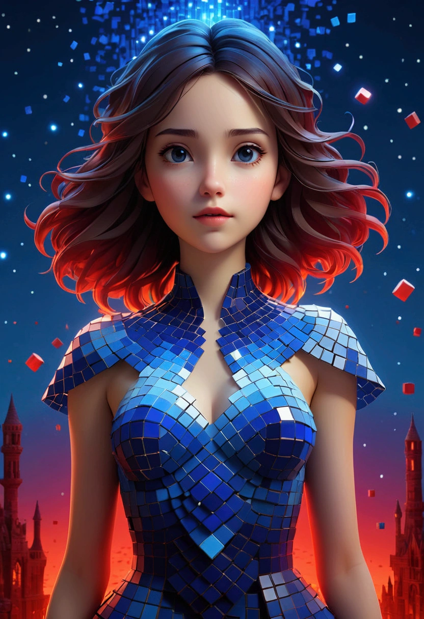 nuit，Belle fille avec des pixels dissolvants dégradés bleus, Blocs de voxels 3D, Une structure initialement intacte mais progressivement désintégrée dans l&#39;air, ciel étoilé，fantaisie，la magie，mystère，illusoire，rêveur，Inversé, symétrie rouge, Haute qualité，Rendu d&#39;octane，Carte conceptuelle de la scène,