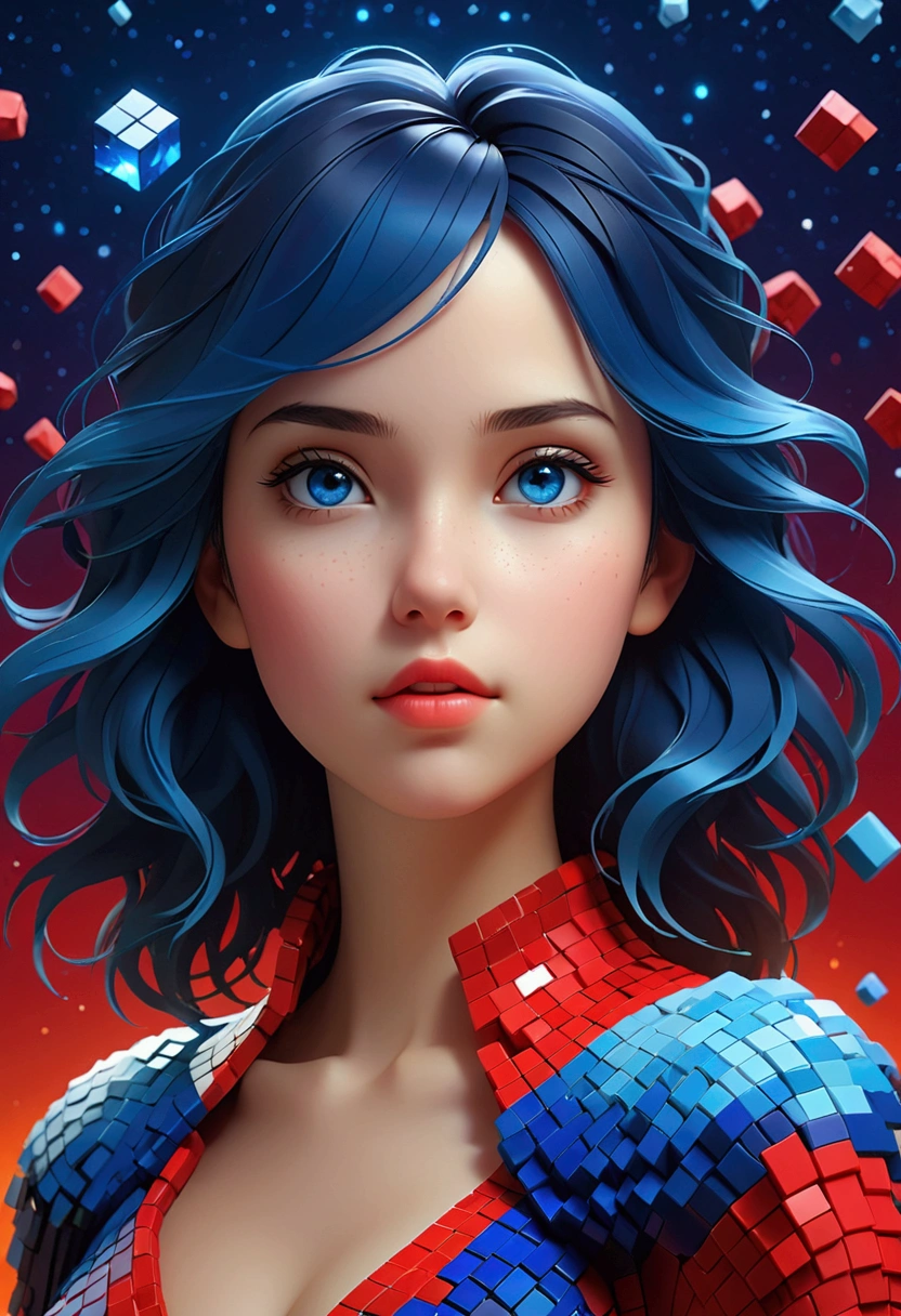 nuit，Belle fille avec des pixels dissolvants dégradés bleus, Blocs de voxels 3D, Une structure initialement intacte mais progressivement désintégrée dans l&#39;air, ciel étoilé，fantaisie，la magie，mystère，illusoire，rêveur，Inversé, symétrie rouge, Haute qualité，Rendu d&#39;octane，Carte conceptuelle de la scène,