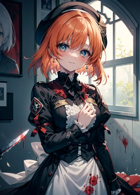Ryugu Rena, Rena Ryuuguu, Orange Hair, short hair, Hair Blue Eyes, smile, There are still blood stains on the wall,spooky, Dead ...