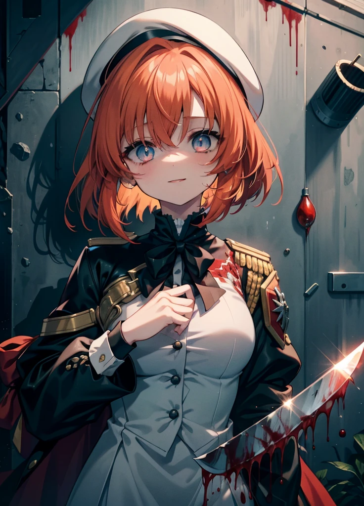 Ryugu Rena, Rena Ryuuguu, Orange Hair, short hair, Hair Blue Eyes, smile, There are still blood stains on the wall,spooky, Dead Eyes,A grinning man holding a Bloodstained knife in one hand.,Bloodstained beret,Bloodstained,Drops of blood,There was blood splattered all over the room..,spooky笑い, Dead Eyes,Psychopath horror,Bloodstained clothes,Drops of blood,spooky,murder scene, Serial killer, bathed in blood,Clothes with blood on them，Bloodstained black suit jacket, Bloodstained collared jacket,Blood stained white dress shirt, Shirt with blood on the collar, Neckline, button, strap, ID card on the neck, Bloodstained 黒色ペンシルスカート,Bloodstained 黒色パンティストッキング,Bloodstained ピンヒール,Big Breasts,holding a Bloodstained knife grip,whole bodyがイラストに入るように,Shadowed face 、
break looking at viewer,whole body,
break indoors, office,
break (masterpiece:1.2), Highest quality, High resolution, unity 8k wallpaper, (shape:0.8), (Fine and beautiful eyes:1.6), Highly detailed face, Perfect lighting, Highly detailed CG, (Perfect hands, Perfect Anatomy),