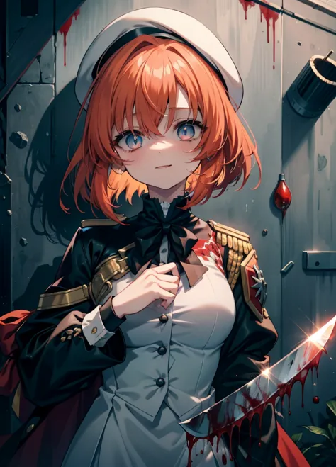 Ryugu Rena, Rena Ryuuguu, Orange Hair, short hair, Hair Blue Eyes, smile, There are still blood stains on the wall,spooky, Dead ...