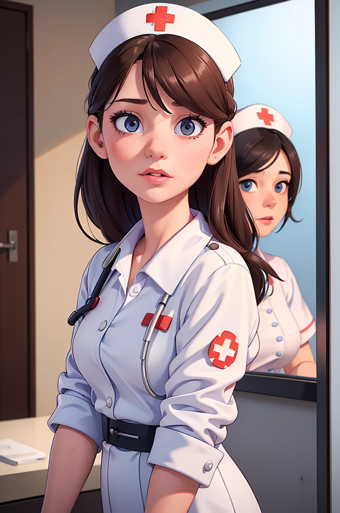 phothorealistic image of (a woman:1.1) A girl in a nurse uniform (from behind) (Best Quality,4k,8k,high resolution,Masterpiece:1.2), (realist,photorealist,photo-realist:1.37), ultra detailed, (professional:1.1) que incluande (a beautiful face) with (Extremely detailed eyes) and (beautiful detailed lips). the girl is seen (From a third person perspective:1.1), focusing on the (((nurse&#39;s ass))) in a (sexand:0.9) form. The nurse wears a (((wet sexual white uniform))) with a (stethoscope) around your neck. The scene is (brightly lit) with (soft natural lighting) highlighting the girl and the nurse. The work of art must have a (realist) standle and vibrant colors to create a (natural) Atmosphere.(((vulgar:1.1)))