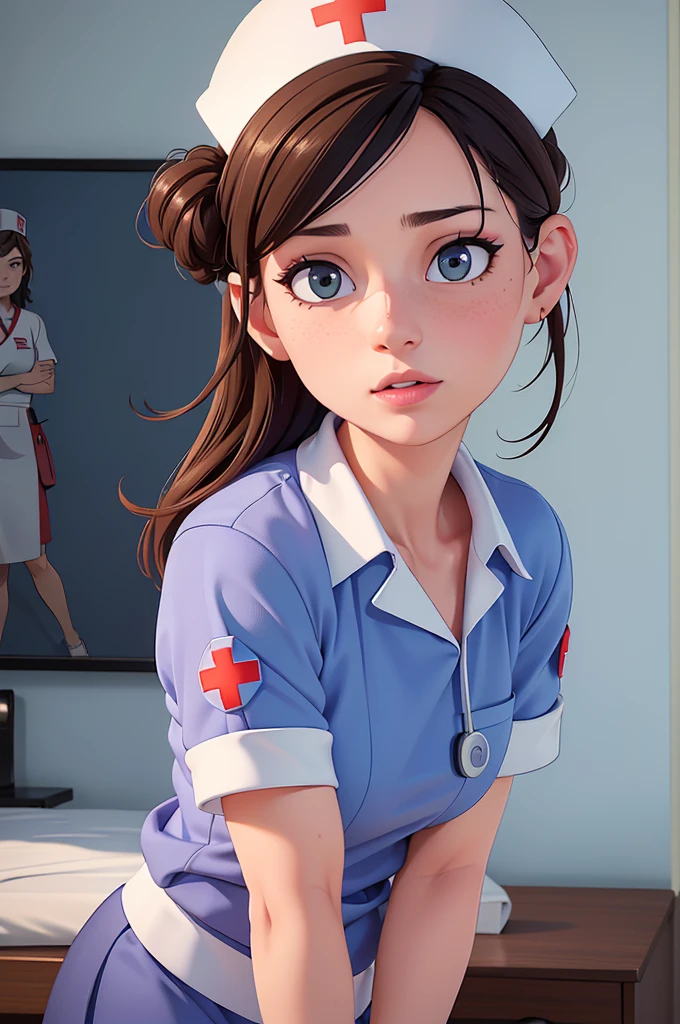 phothorealistic image of (a woman:1.1) A girl in a nurse uniform (from behind) (Best Quality,4k,8k,high resolution,Masterpiece:1.2), (realist,photorealist,photo-realist:1.37), ultra detailed, (professional:1.1) que incluande (a beautiful face) with (Extremely detailed eyes) and (beautiful detailed lips). the girl is seen (From a third person perspective:1.1), focusing on the (((nurse&#39;s ass))) in a (sexand:0.9) form. The nurse wears a (((wet sexual white uniform))) with a (stethoscope) around your neck. The scene is (brightly lit) with (soft natural lighting) highlighting the girl and the nurse. The work of art must have a (realist) standle and vibrant colors to create a (natural) Atmosphere.(((vulgar:1.1)))