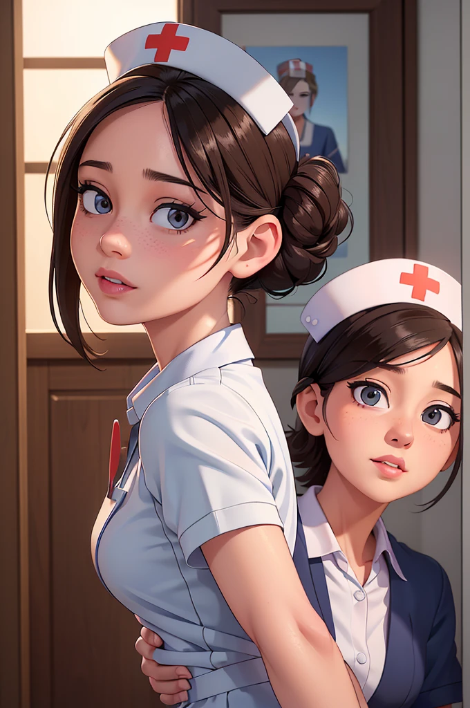 phothorealistic image of (a woman:1.1) A girl in a nurse uniform (from behind) (Best Quality,4k,8k,high resolution,Masterpiece:1.2), (realist,photorealist,photo-realist:1.37), ultra detailed, (professional:1.1) que incluande (a beautiful face) with (Extremely detailed eyes) and (beautiful detailed lips). the girl is seen (From a third person perspective:1.1), focusing on the (((nurse&#39;s ass))) in a (sexand:0.9) form. The nurse wears a (((wet sexual white uniform))) with a (stethoscope) around your neck. The scene is (brightly lit) with (soft natural lighting) highlighting the girl and the nurse. The work of art must have a (realist) standle and vibrant colors to create a (natural) Atmosphere.(((vulgar:1.1))), big cleavage