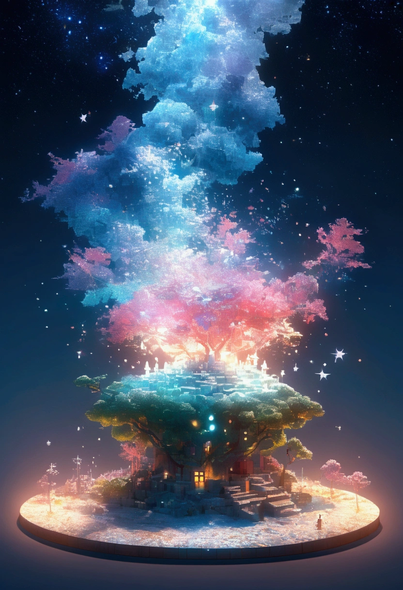 night，Beautiful girl with blue gradient dissolving pixels, 3D Voxel Blocks, A structure that was initially intact but gradually disintegrated in the air, Starry Sky，fantasy，magic，mystery，illusory，Dreamy，Inverted, red symmetry, high quality，Octane Rendering，Concept map of the scene,