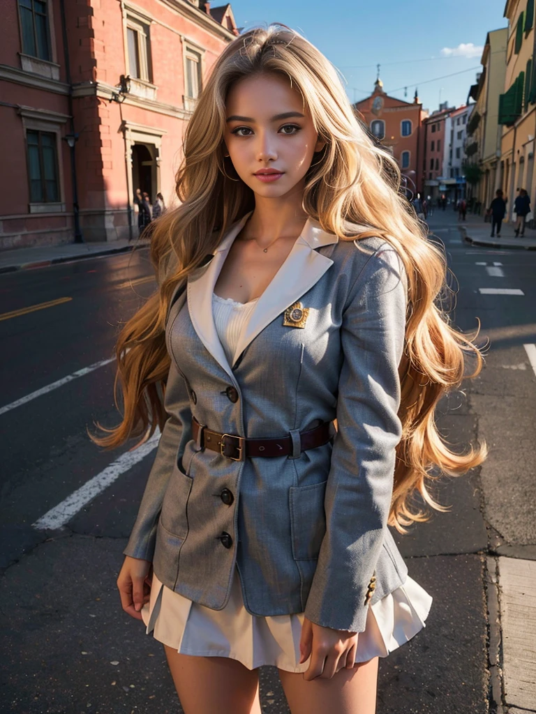 (A photo of a super beautiful white-blonde Russian female student standing:1.2)(Sexiest Arab Women)(Smiling:1.2)(16K, RAW Photos, Highest quality, masterpiece: 1.2),(Her shiny, wavy long hair is blown wildly by the wind:1.1) Super detailed, Super Resolution, (Genuine, Genuine photos: 1.37), Portraiture, High-resolution RAW color photos, Professional photos, Very detailed, 8k wallpaper, Very detailed CG Unity 8k wallpaper, Very detailed beautiful girl, Very detailed faces,(Flames burning on the streets of Italy:1.2)(Tight school uniform:1.2)(whole body)(Skinny but big boobs:1.1)(かわいいタイトな半袖 style outfit:1.2)School uniform style outfit,light gray eyes,from side,Winter coats for students