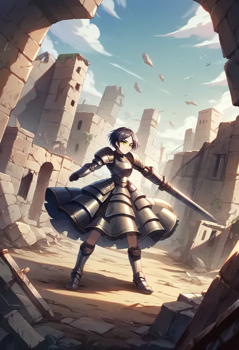 18-year-old,high school girl,armored dress,whole body,shiny navy hair, short hair, parted bangs, yellow eyes,battlefield,ruins,b...