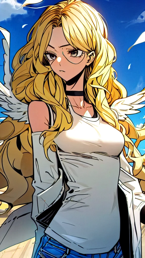 1girl, medium breasts, blonde hair, long hair, wavy hair, grey eyes, white feathered wings, angel, outdoors, white jacket, choker, tank top, jeans, half shades 