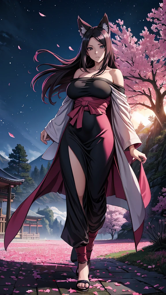 (best quality, masterpiece),(uzumaki_kushina, miko, coat, expression face, black eyes, looking at front ,black hair, walking, upper body), (night strray sky, huge old tree behind, falling glowing pink petals behind, shrine behind, mountain background, blowing wind, meteoric cloud),big breast, milf, wolf ears,navel, clevage,off shoulder:2,full body shot