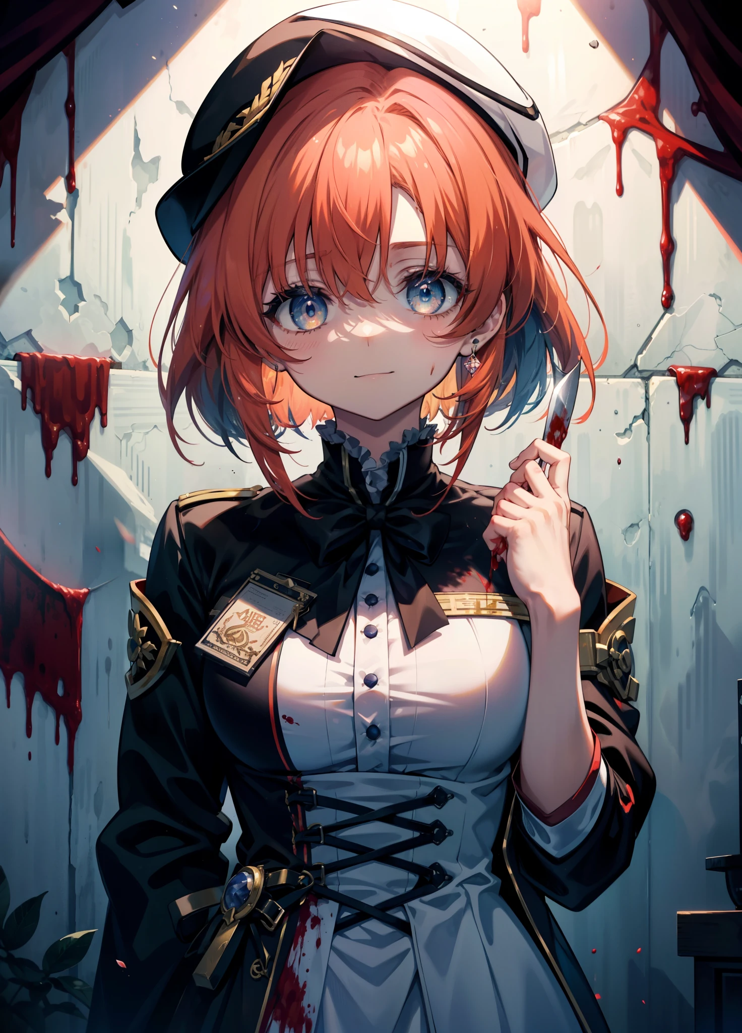 Ryugu Rena, Rena Ryuuguu, Orange Hair, short hair, Hair Blue Eyes, smile, There are still blood stains on the wall,spooky, Dead Eyes,A grinning man holding a Bloodstained knife in one hand.,Bloodstained beret,Bloodstained,Drops of blood,There was blood splattered all over the room..,spooky笑い, Dead Eyes,Psychopath horror,Bloodstained clothes,Drops of blood,spooky,murder scene, Serial killer, bathed in blood,Clothes with blood on them，Bloodstained black suit jacket, Bloodstained collared jacket,Blood stained white dress shirt, Shirt with blood on the collar, Neckline, button, strap, ID card on the neck, Bloodstained 黒色ペンシルスカート,Bloodstained 黒色パンティストッキング,Bloodstained ピンヒール,Big Breasts,holding a Bloodstained knife grip,whole bodyがイラストに入るように,Shadowed face 、
break looking at viewer,whole body,
break indoors, office,
break (masterpiece:1.2), Highest quality, High resolution, unity 8k wallpaper, (shape:0.8), (Fine and beautiful eyes:1.6), Highly detailed face, Perfect lighting, Highly detailed CG, (Perfect hands, Perfect Anatomy),