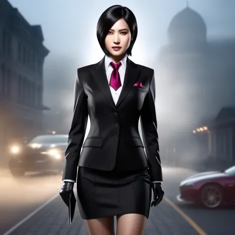 ultra-realistic extremely detailed real life 8k masterpiece of a gorgeous asian woman re ada wong wearing (((skirt suit))), (((t...