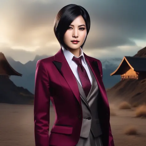 ultra-realistic extremely detailed real life 8k masterpiece of a gorgeous asian woman re ada wong wearing (((skirt suit))), (((t...