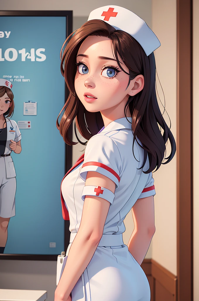 phothorealistic image of (a woman:1.1) A girl in a nurse uniform (from behind) (Best Quality,4k,8k,high resolution,Masterpiece:1.2), (realist,photorealist,photo-realist:1.37), ultra detailed, (professional:1.1) que incluande (a beautiful face) with (Extremely detailed eyes) and (beautiful detailed lips). the girl is seen (From a third person perspective:1.1), focusing on the (((nurse&#39;s ass))) in a (sexand:0.9) form. The nurse wears a (((wet sexual white uniform))) with a (stethoscope) around your neck. The scene is (brightly lit) with (soft natural lighting) highlighting the girl and the nurse. The work of art must have a (realist) standle and vibrant colors to create a (natural) Atmosphere.(((vulgar:1.1))), big cleavage