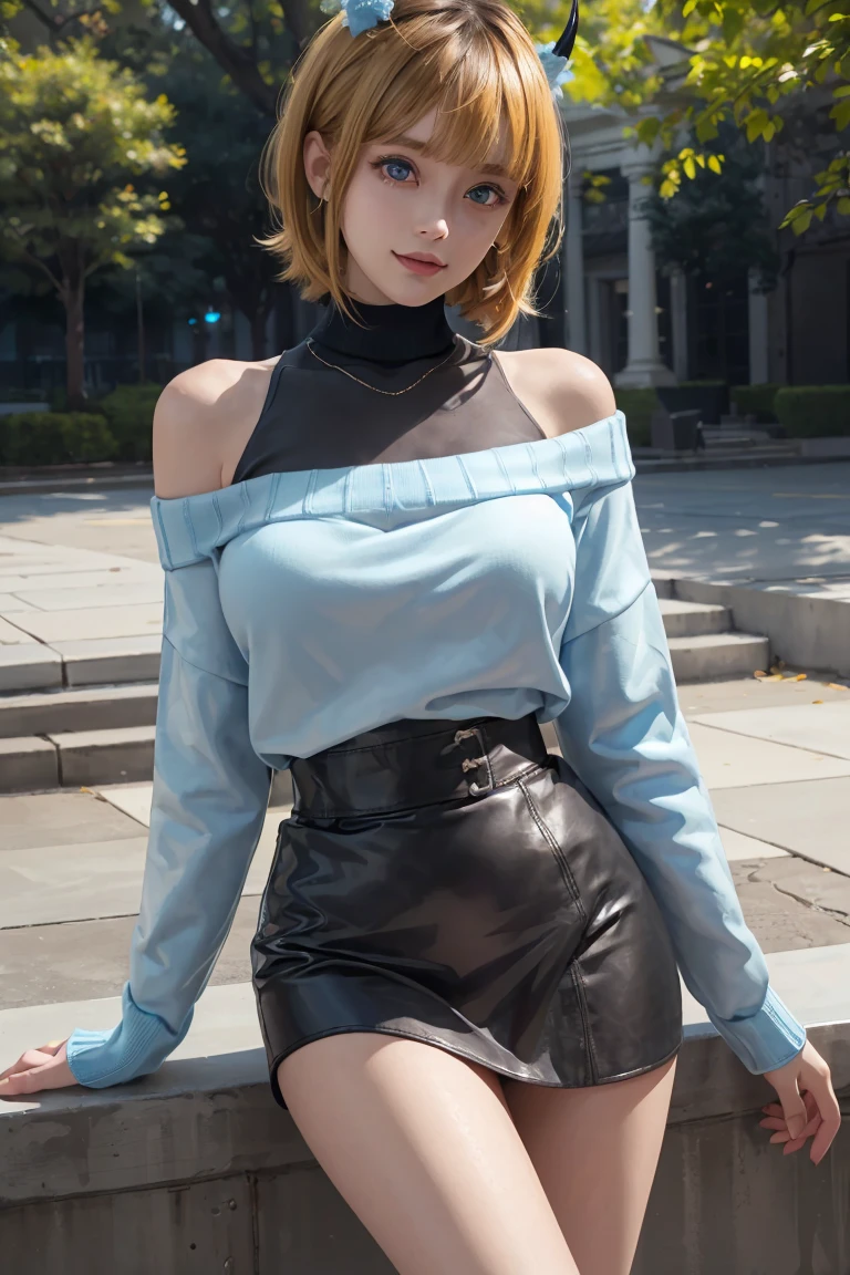 memcho, memcho, (Big Breasts:1.3), Blonde, blue eyes, Blunt bangs, devil horn, fake horn, horn, short hair, Breaking the Bare Shoulders, black skirt, (blue sweater: 1.5), Long sleeve, Off the shoulder, Off the shoulder sweater, Puffy sleeves, skirt, sweater, White ribbon, Taking a break from watching the audience,  (at the park), (masterpiece: 1.2), best quality, High resolution, Unity 8k wallpaper, (An illustration: 0.8), (Beautiful eye details: 1.6), Very detailed顔, Perfect lighting, Extremely detailed CG, (Perfect hands, Perfect Anatomy) , Perfect Eyes, Have a very sexy body, Have a full chest and a slim waist, And a very sexy body, Bold Look. young, quality, Very detailed, Realistic, smile, Calm, Perfect Eyes, Have a very sexy body, Have a full chest and a slim waist, And a very sexy body, Bold Look. young, quality, Very detailed, Realistic,