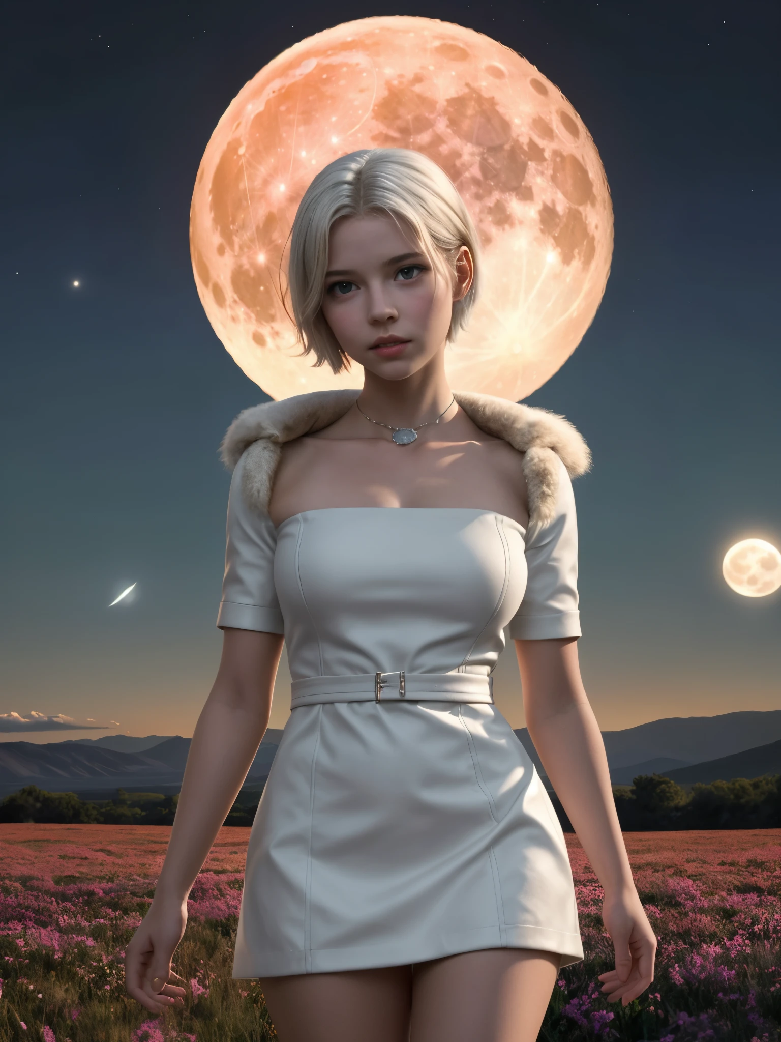 1girl, detailed face, looking at viewer, parted lips, expressive, beautiful intricate body, fine line work, shiny skin, (white short hair:1.2), green collared mini dress, fur collar fur-trimmed coat, concept art, expansive landscape, flower field, (full moon:1.2), distant mountain, production art, warm light source, firefly, lamp, purple and orange, intricate details, volume lighting, masterpiece, highest quality, dynamic configuration, colorful, irisdescent, sparkling lighting, atmospheric lighting, dreamy, magical, full breasts, (10yo, cute:1.3), (breasts:1.2),