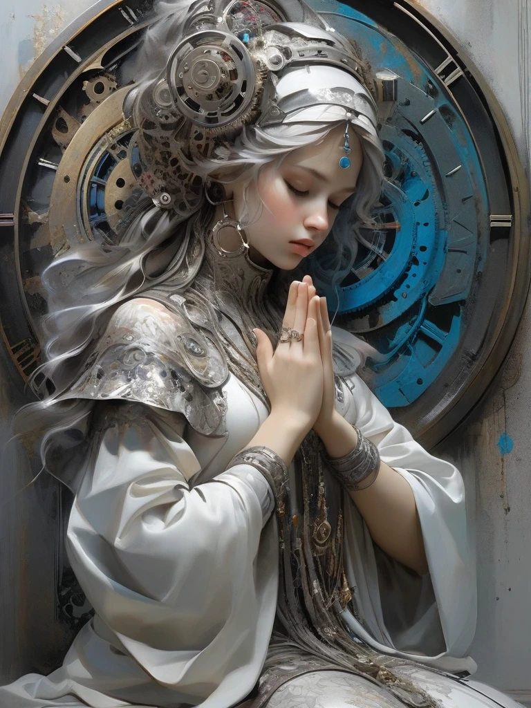 front_view,Aaron Hawkey and Jeremy Mann,Colorful beautiful praying woman in silver tone,Beautiful as an angel,Black ink flow,complex_detailed,calligraphy,Acrylic Fiber,Fractal Art,professional,hard,Extremists,Marton Bobzet,excellent,insane hard,complex background,elegant,Expanded,Mechanical customization,vintage,Rusty time,Weathered clock,gear,High target_The reservoir,style,Greg Rutkowski,