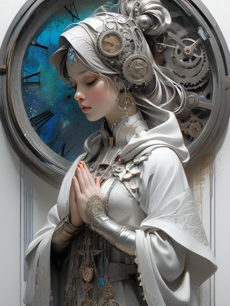 front_view,Aaron Hawkey and Jeremy Mann,Colorful beautiful praying woman in silver tone,Beautiful as an angel,Black ink flow,complex_detailed,calligraphy,Acrylic Fiber,Fractal Art,professional,hard,Extremists,Marton Bobzet,excellent,insane hard,complex background,elegant,Expanded,Mechanical customization,vintage,Rusty time,Weathered clock,gear,High target_The reservoir,style,Greg Rutkowski,