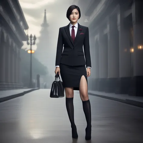 ultra-realistic extremely detailed real life 8k masterpiece of a gorgeous asian woman, re ada wong, (((skirt suit))), (((three-p...