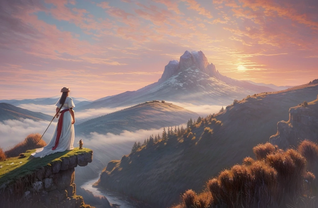 Magical digital illustration, surrealism, sunset, huge wolf walk among the mountains,  turns round and looks at the girl, girl standing with her back, A girl stands on a wooden balcony overlooking a vast, misty mountain landscape, a girl dressed in a Caucasian national dress, with two long braids, calm peaceful atmosphere, natural light, (( Artem Chebokha, Devin Elle Kurtz, Rossdraws style)), Peter Morbacher style, awarded on artstation, cinematic light, magical light, The scene combines elements of fantasy and nature: the girl is looking into the distance, while the huge wolf adds a surreal touch