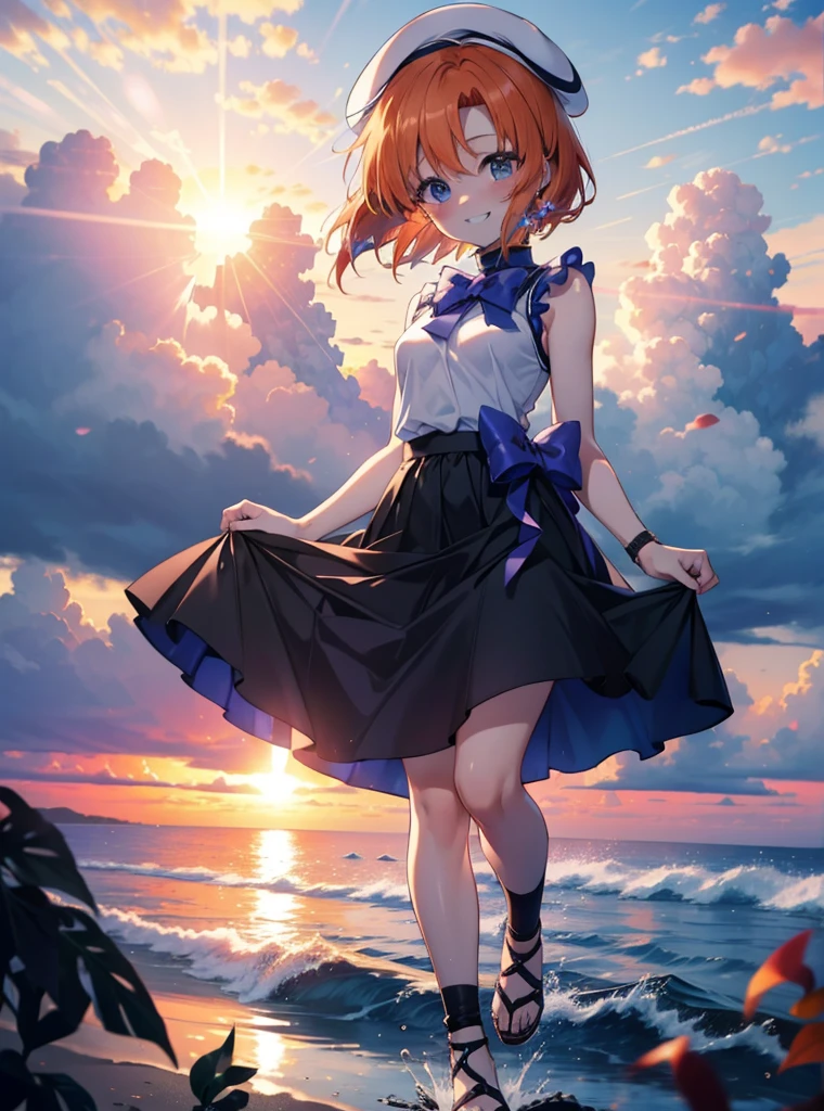 kidney, Rena Ryuuguu, Orange Hair, short hair, blue eyes, smile, blush,Grin,(Small breasts:1.2),beret,Sleeveless dress,Long skirt,Heeled Sandals,evening,sunset,The sun is setting,Walking,whole bodyがイラストに入る,
break looking at viewer,whole body,
break outdoors, In town,
break (masterpiece:1.2), Highest quality, High resolution, unity 8k wallpaper, (figure:0.8), (Beautiful attention to detail:1.6), Highly detailed face, Perfect lighting, Highly detailed CG, (Perfect hands, Perfect Anatomy),