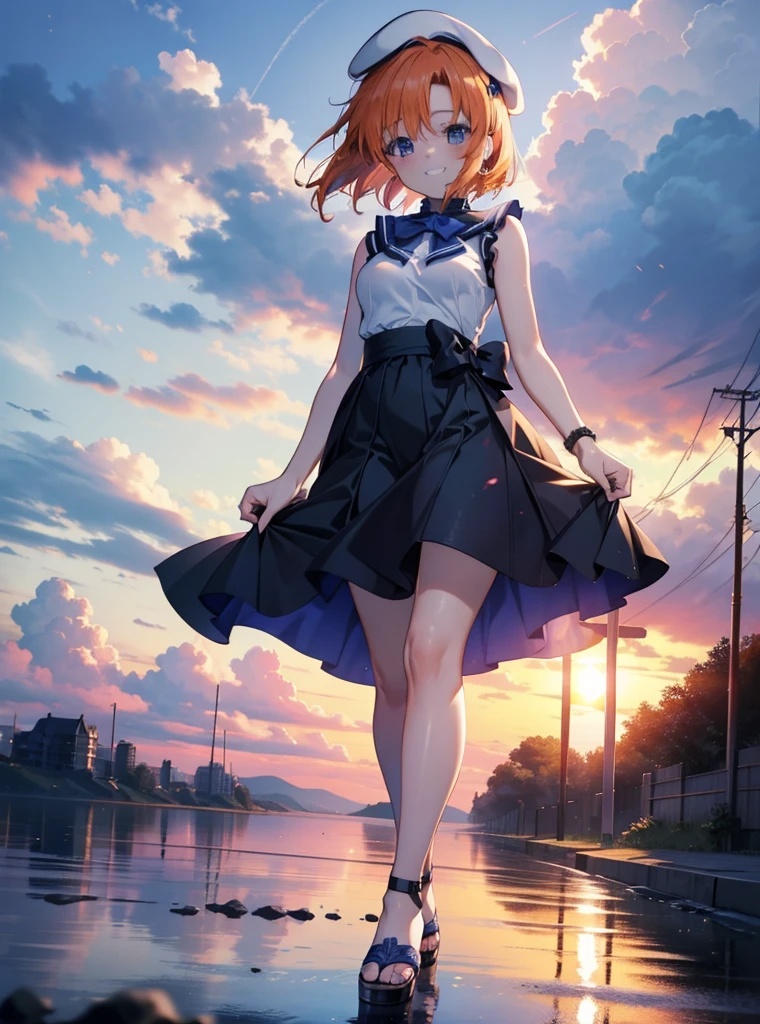 kidney, Rena Ryuuguu, Orange Hair, short hair, blue eyes, smile, blush,Grin,(Small breasts:1.2),beret,Sleeveless dress,Long skirt,Heeled Sandals,evening,sunset,The sun is setting,Walking,whole bodyがイラストに入る,
break looking at viewer,whole body,
break outdoors, In town,
break (masterpiece:1.2), Highest quality, High resolution, unity 8k wallpaper, (figure:0.8), (Beautiful attention to detail:1.6), Highly detailed face, Perfect lighting, Highly detailed CG, (Perfect hands, Perfect Anatomy),