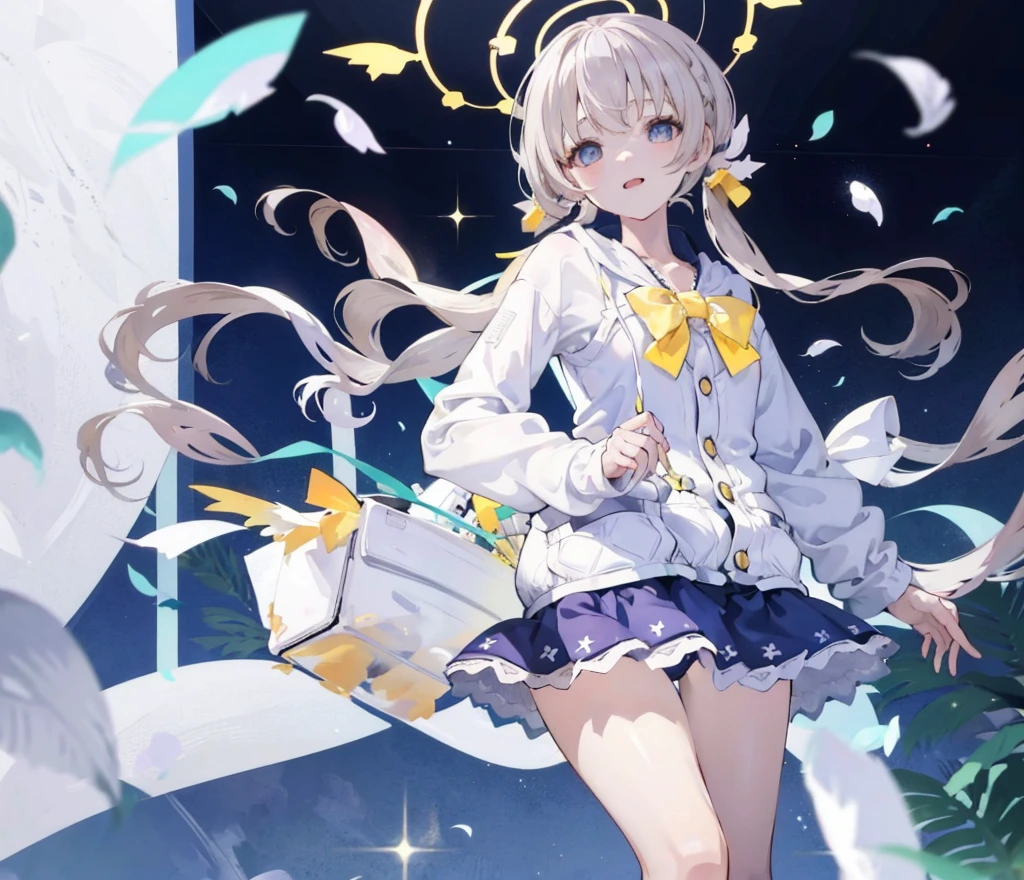 Anime girl1, long. Grey  hair, blue eyes, (hair blows to the left side perfect long bangs) Wearing a bright blonde vest, wearing a blonde hoodie vest,Using a blue jabot) head pose to the right without looking ahead, (Room background, open glass school windows, shiny tables)), clear photo frame of a beautiful woman, The right hand holds a flower stem with white petals that have withered, smiled, Hand holding a rectangular glass aquarium filled with purple flowers