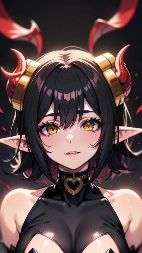 devil girl, black hair, pointed ears, yellow eyes, short hair, choker, , devil horns, devil&#39;s tail, red corner, break (stick...