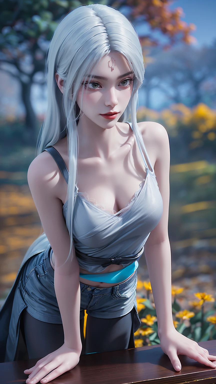 Close-up of miss wearing white mask, Beautiful character painting, Gu Weiss, Gurwitz-style artwork, daze, author：Yang Jie, Epic and beautiful character art, Stunning character art, author：Fan Qi, by Wuzhun Shifan, pixiv Art Street Guviz, 白色Long hair, insult, Tall and big, Long legs, (Sleeveless lace shirt), (shorts), (Striped )), ((Striped )), Walk, elegant, dignified, miss, Beautiful curves, sweet smile, Strong sense of detail and layering, Rich and colorful color, Has a unique texture, rich and colorful, color, vivid, Design Art, 16K, Very detailed, {{illustration}}, {Extremely refined}, {Exquisite surface treatment}, Very detailed, Delicate and shining eyes, {{Light}}, Extreme Light Effect, Model: realism, CFG size: 12, Laura: Bright texture (1.35), high quality, masterpiece, Exquisite facial features, Delicate hair depiction, Detailed depiction of the eyes, masterpiece, best quality, Light line tracing, Extremely detailed CG unified 8k wallpaper, masterpiece, best quality, (1 girl), Perfect body, (((Skinny white T-shirt))), beautiful eyes, (Delicate face), Long hair, Loose hair, Light blue hairpin, in class, (White skin), (Optimal Lighting), (Super intricate details), 4k unity, (Very detailed CG), Showing off her white legs, , Hot Pants, shorts,性感Long legs, Thin waist, Sweat is running down my waist, Showing belly, Extremely detailed depiction, Transparent clothes, Hands on thighs, 把目Light移开, 8k resolution, Raise an eyebrow, Shiny hair, flower head, Wristband, bandage，Leather sexy pose, simple grey background, Crawl to the audience, Kitten pose, Get on all fours,