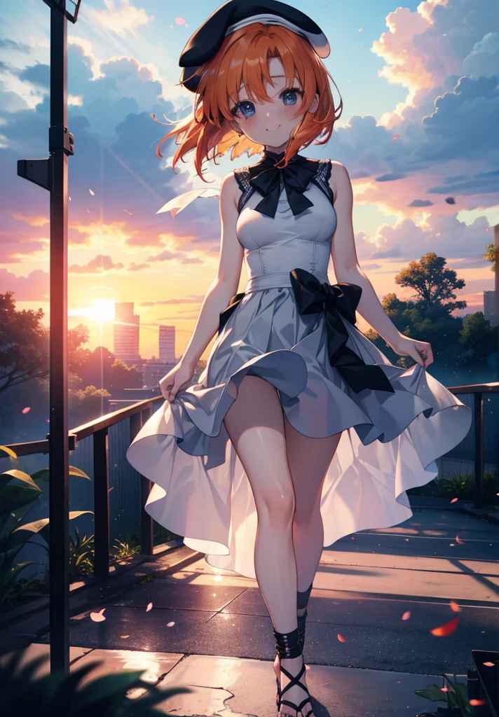 kidney, Rena Ryuuguu, Orange Hair, short hair, blue eyes, smile, blush,Grin,(Small breasts:1.2),beret,Sleeveless dress,Long skirt,Heeled Sandals,evening,sunset,The sun is setting,Walking,whole bodyがイラストに入る,
break looking at viewer,whole body,
break outdoors, In town,
break (masterpiece:1.2), Highest quality, High resolution, unity 8k wallpaper, (figure:0.8), (Beautiful attention to detail:1.6), Highly detailed face, Perfect lighting, Highly detailed CG, (Perfect hands, Perfect Anatomy),