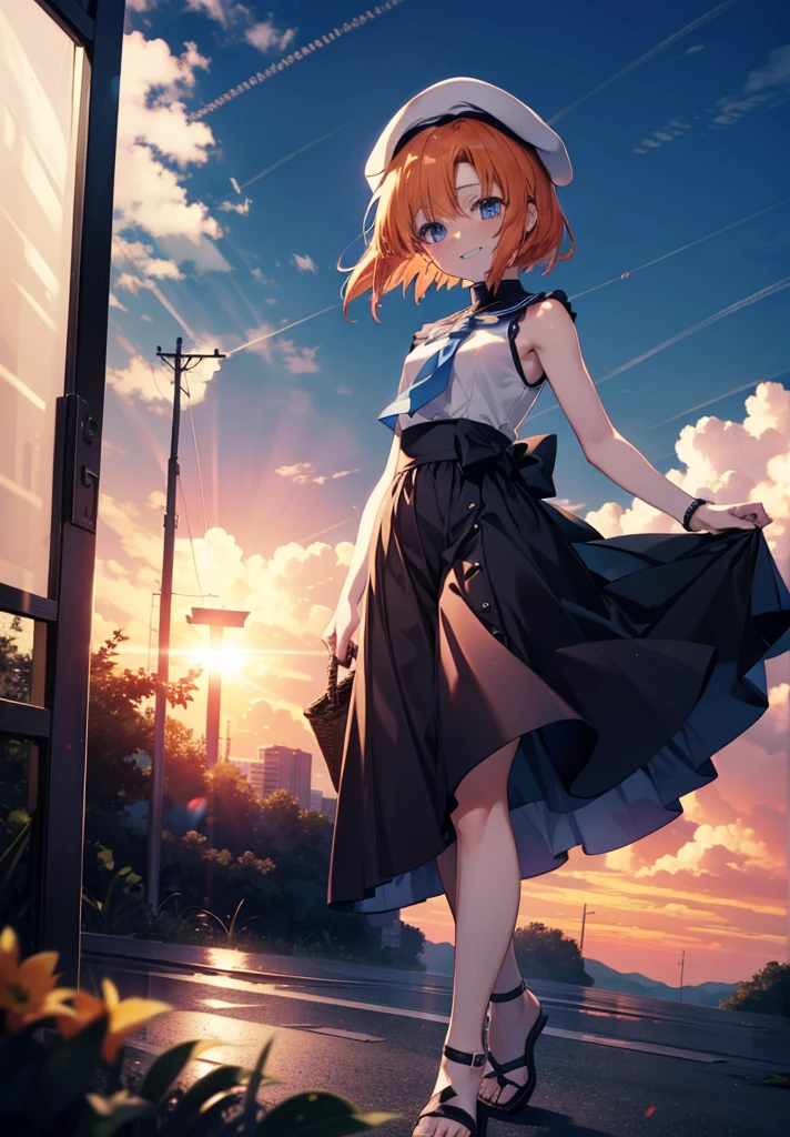 kidney, Rena Ryuuguu, Orange Hair, short hair, blue eyes, smile, blush,Grin,(Small breasts:1.2),beret,Sleeveless dress,Long skirt,Heeled Sandals,evening,sunset,The sun is setting,Walking,whole bodyがイラストに入る,
break looking at viewer,whole body,
break outdoors, In town,
break (masterpiece:1.2), Highest quality, High resolution, unity 8k wallpaper, (figure:0.8), (Beautiful attention to detail:1.6), Highly detailed face, Perfect lighting, Highly detailed CG, (Perfect hands, Perfect Anatomy),