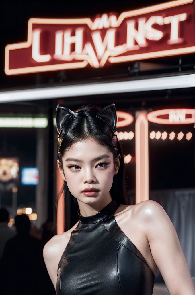 jennie, rosa negro, Cabello negro corto hasta los hombros, vestida como Catwoman, realisitic