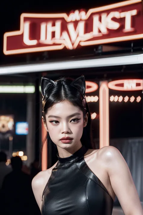 Jennie, blackpink, Short shoulder-length black hair, dressed as catwoman, realisitic