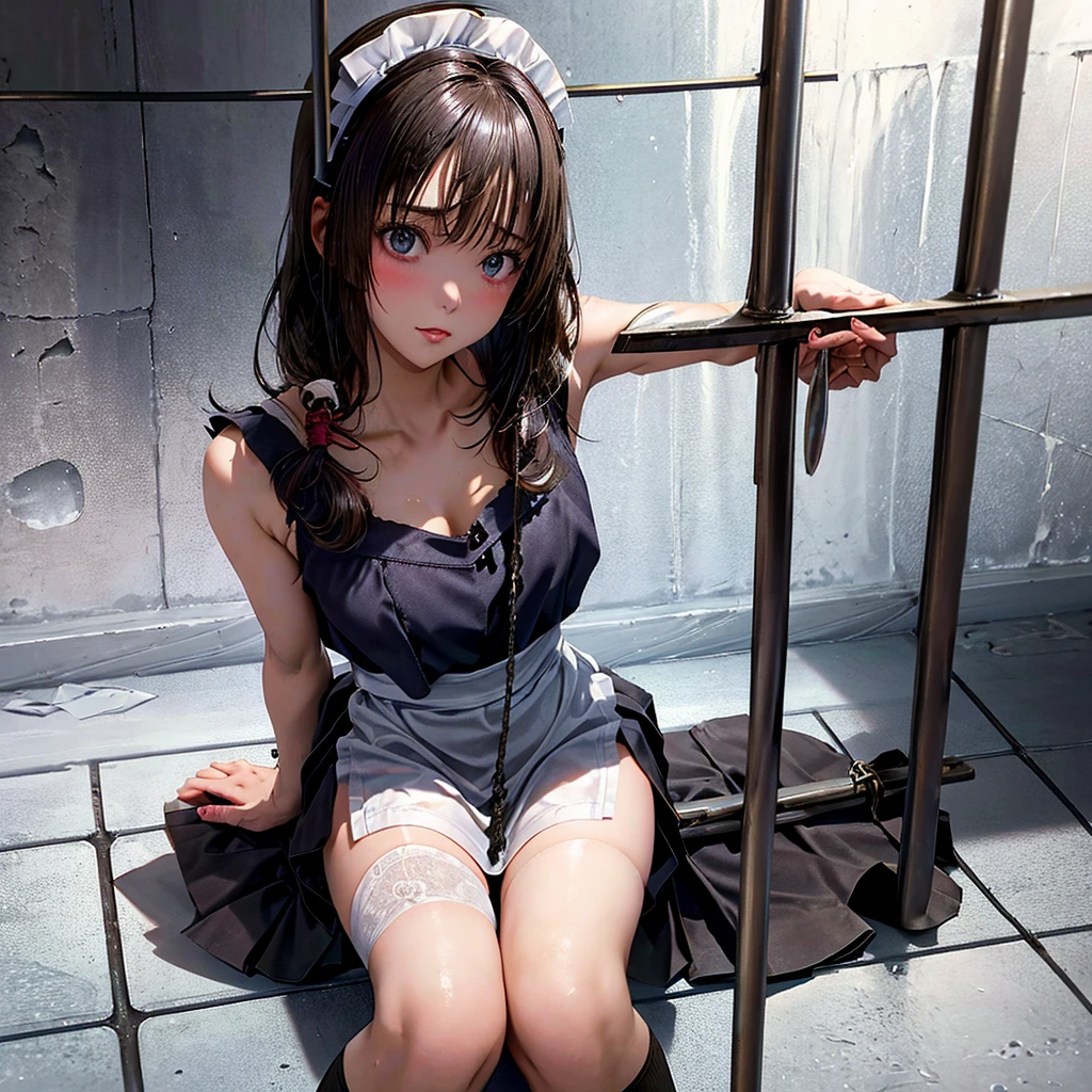 Woman sitting on the floor of a prison cell,perpetrator、confinement、srestrained、 Bind、Tied arms behind、sitting in a prison, in a prison cell, stood in a cell, sitting in a dark prison cell, in the Prison, in prison, in a small prison cell, the woman is Behind bars, promo still, prisoner, prison cell, prison, Behind bars, with prison clothing, young skinny maid girl, short skirt, spread legs showing white panties, olivia pope, tv show still,torn clothes、A maid uniform torn to pieces,Behind bars, promo still, prisoner, prison cell, prison, Behind bars,A bra with wet and see-through、teats see through、