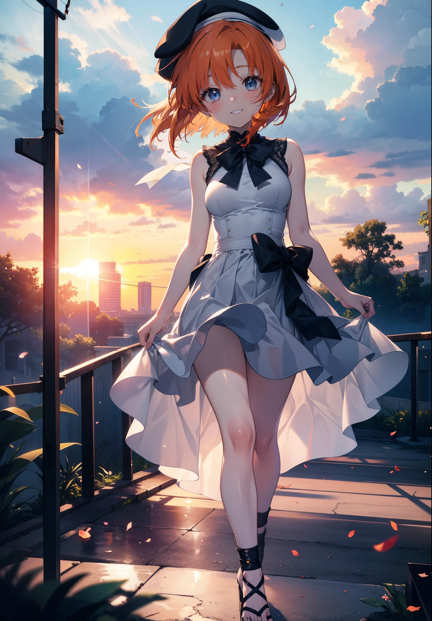 kidney, Rena Ryuuguu, Orange Hair, short hair, blue eyes, smile, blush,Grin,(Small breasts:1.2),beret,Sleeveless dress,Long skirt,Heeled Sandals,evening,sunset,The sun is setting,Walking,whole bodyがイラストに入る,
break looking at viewer,whole body,
break outdoors, In town,
break (masterpiece:1.2), Highest quality, High resolution, unity 8k wallpaper, (figure:0.8), (Beautiful attention to detail:1.6), Highly detailed face, Perfect lighting, Highly detailed CG, (Perfect hands, Perfect Anatomy),