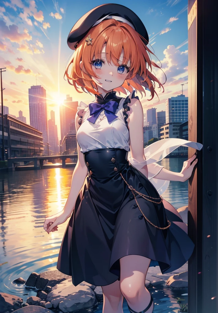 kidney, Rena Ryuuguu, Orange Hair, short hair, blue eyes, smile, blush,Grin,(Small breasts:1.2),beret,Sleeveless dress,Long skirt,Heeled Sandals,evening,sunset,The sun is setting,Walking,whole bodyがイラストに入る,
break looking at viewer,whole body,
break outdoors, In town,
break (masterpiece:1.2), Highest quality, High resolution, unity 8k wallpaper, (figure:0.8), (Beautiful attention to detail:1.6), Highly detailed face, Perfect lighting, Highly detailed CG, (Perfect hands, Perfect Anatomy),