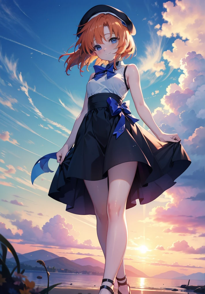 kidney, Rena Ryuuguu, Orange Hair, short hair, blue eyes, smile, blush,Grin,(Small breasts:1.2),beret,Sleeveless dress,Long skirt,Heeled Sandals,evening,sunset,The sun is setting,Walking,whole bodyがイラストに入る,
break looking at viewer,whole body,
break outdoors, In town,
break (masterpiece:1.2), Highest quality, High resolution, unity 8k wallpaper, (figure:0.8), (Beautiful attention to detail:1.6), Highly detailed face, Perfect lighting, Highly detailed CG, (Perfect hands, Perfect Anatomy),